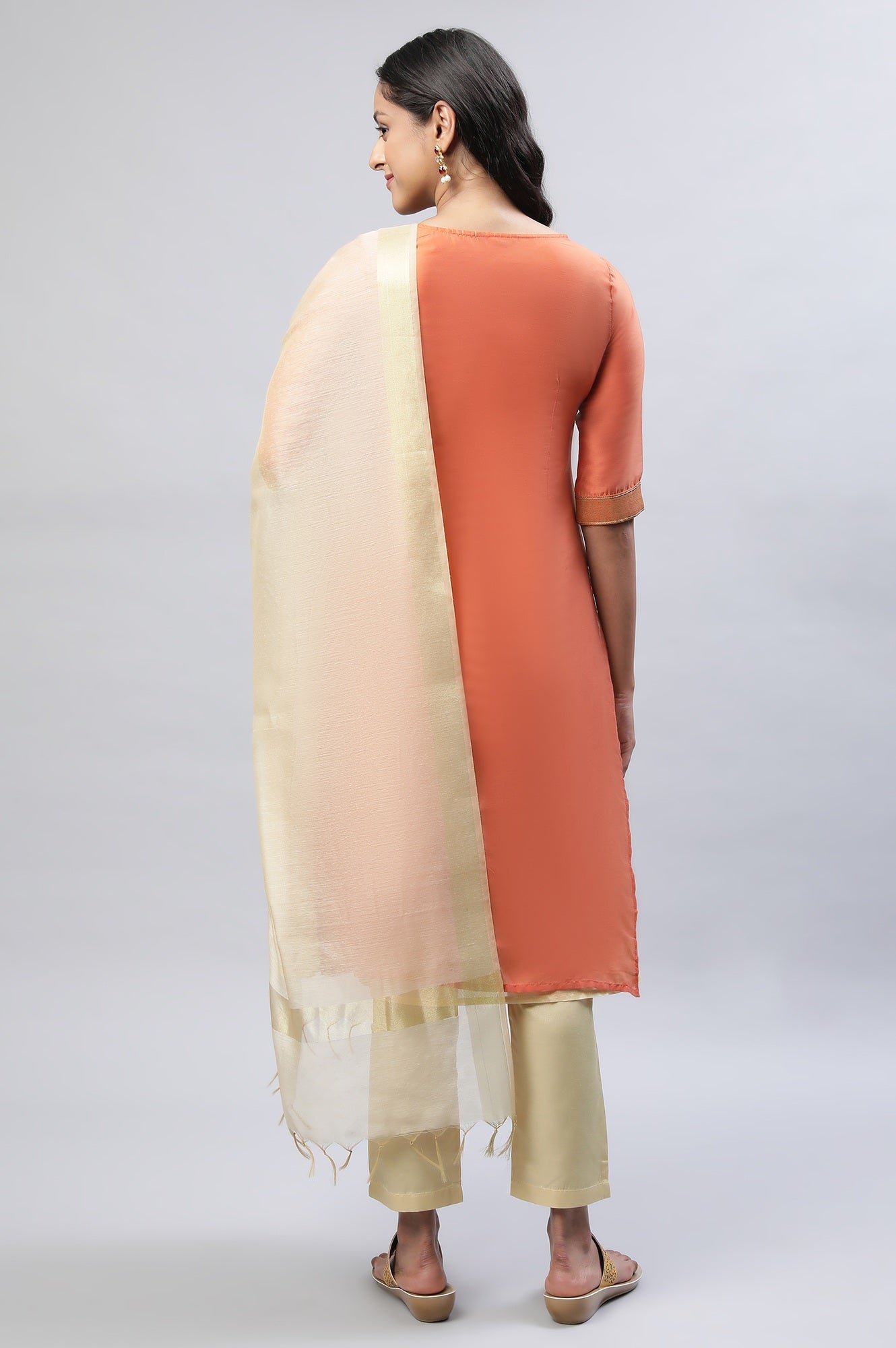 Orange Yarn-Dyed kurta, Gold Trousers And Dupatta Set