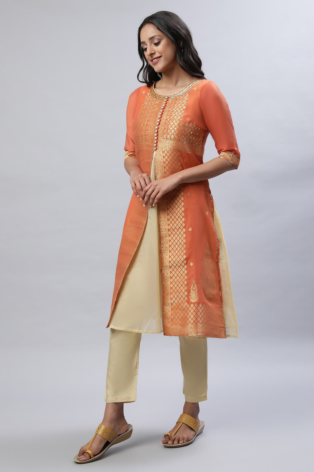 Orange Yarn-Dyed kurta, Gold Trousers And Dupatta Set