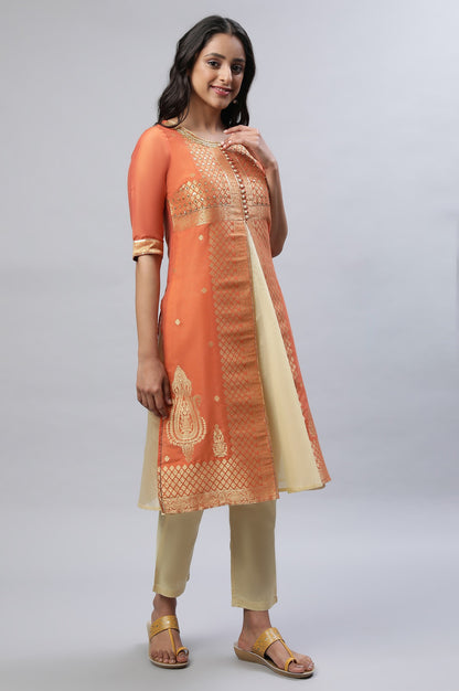 Orange Yarn-Dyed kurta, Gold Trousers And Dupatta Set