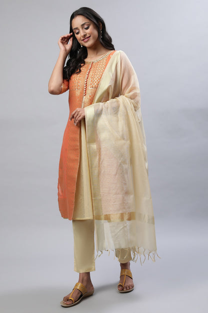 Orange Yarn-Dyed kurta, Gold Trousers And Dupatta Set