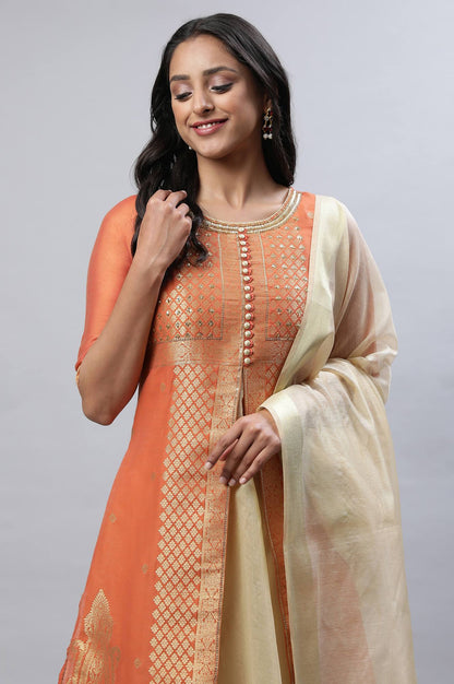 Orange Yarn-Dyed kurta, Gold Trousers And Dupatta Set