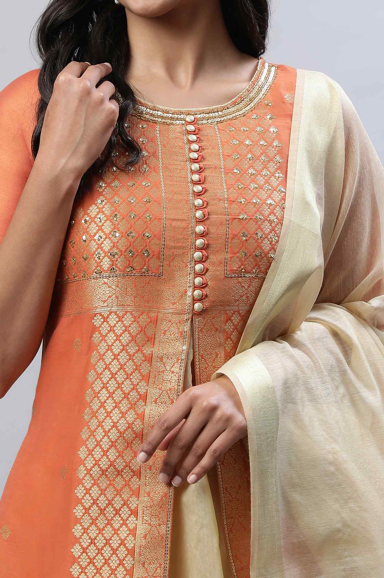 Orange Yarn-Dyed kurta, Gold Trousers And Dupatta Set