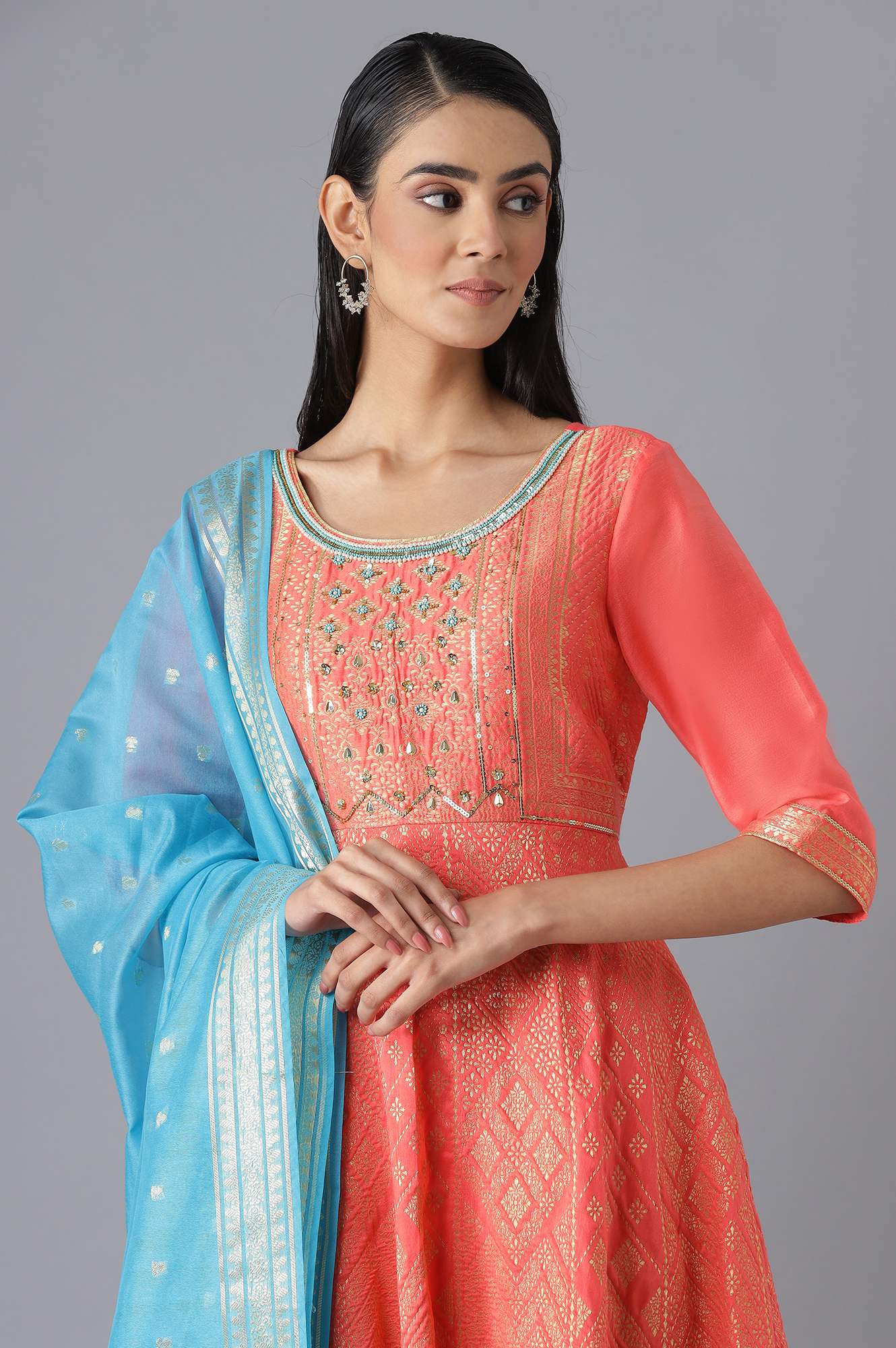 Pink Bead Work Dress and Dupatta Set