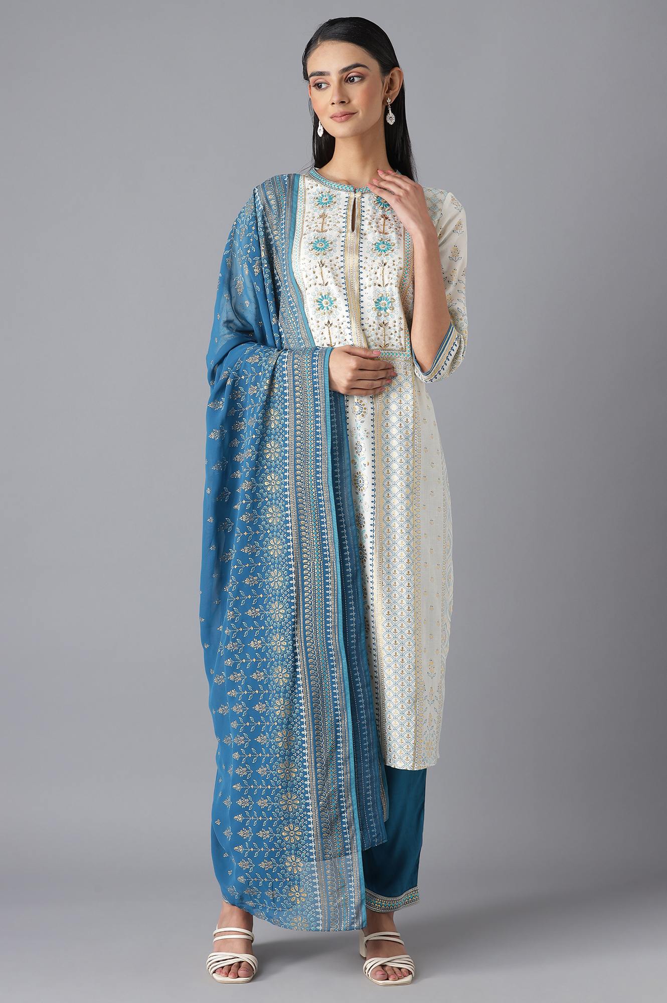 White Printed kurta, Blue Trousers and Dupatta Set