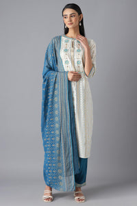 White Printed kurta, Blue Trousers and Dupatta Set