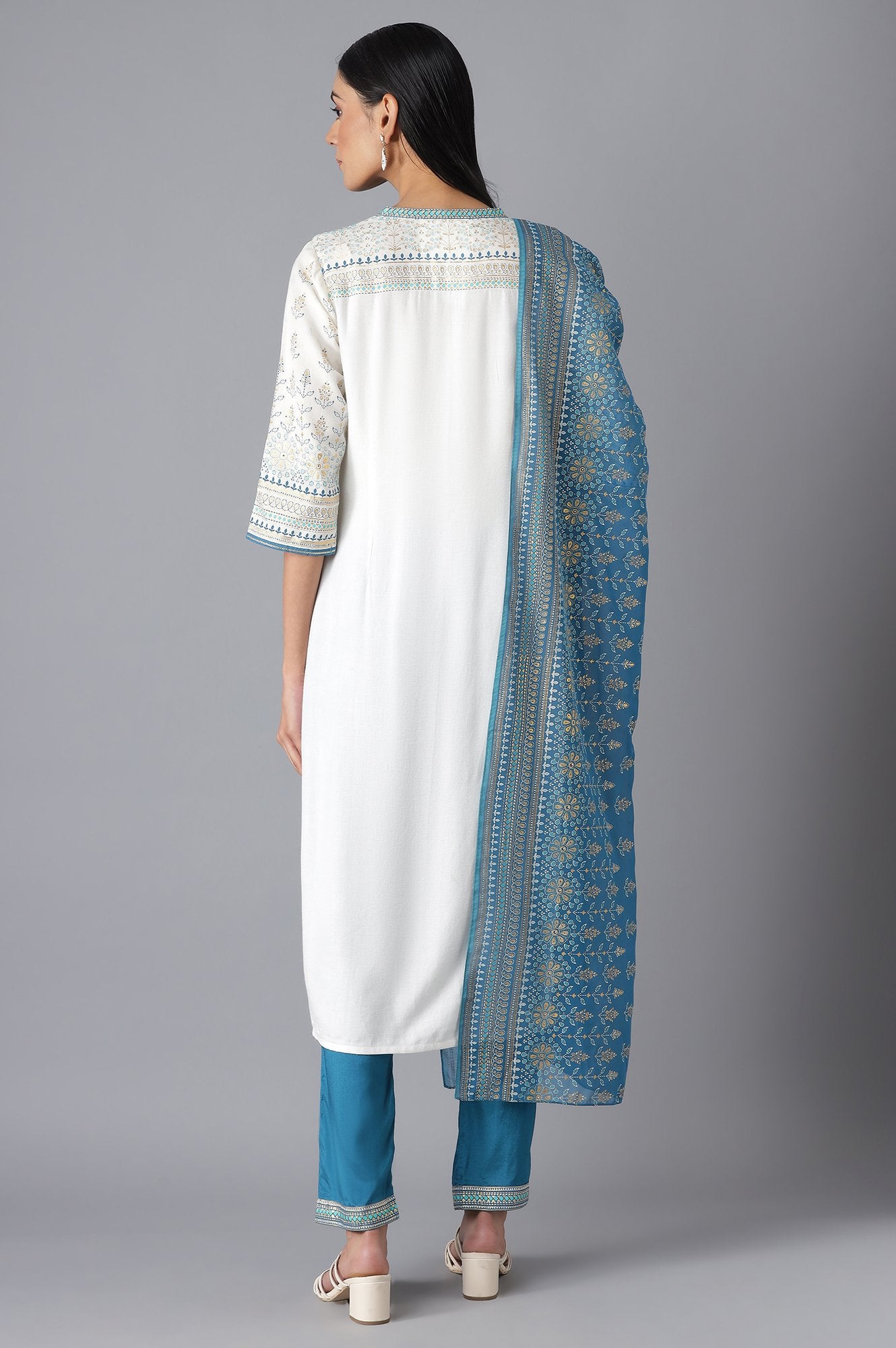 White Printed kurta, Blue Trousers and Dupatta Set