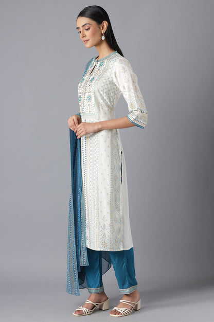 White Printed kurta, Blue Trousers and Dupatta Set