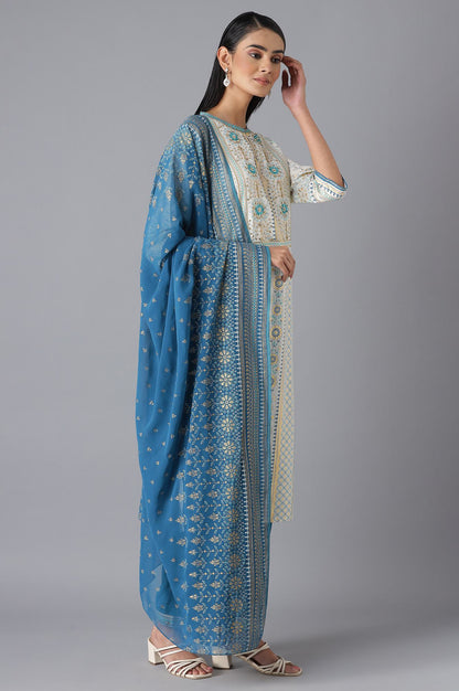 White Printed kurta, Blue Trousers and Dupatta Set