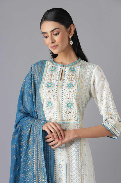 White Printed kurta, Blue Trousers and Dupatta Set