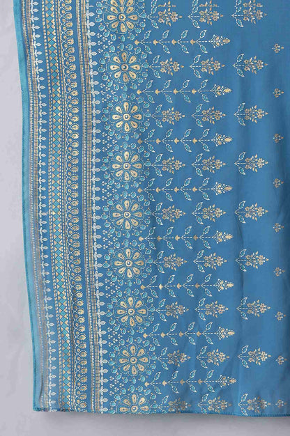 White Printed kurta, Blue Trousers and Dupatta Set