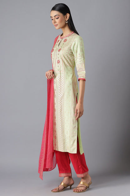 Green Printed kurta Pink Trousers and Dupatta Set