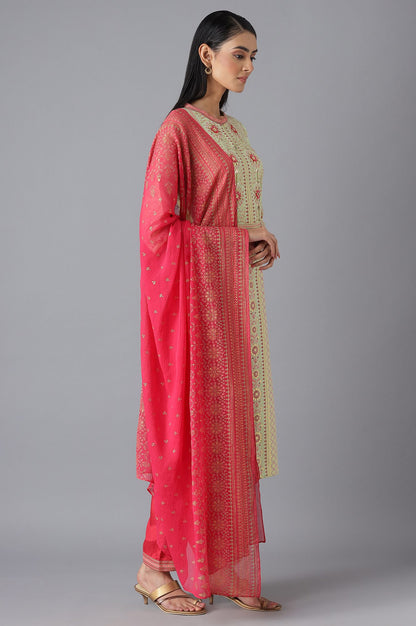 Green Printed kurta Pink Trousers and Dupatta Set