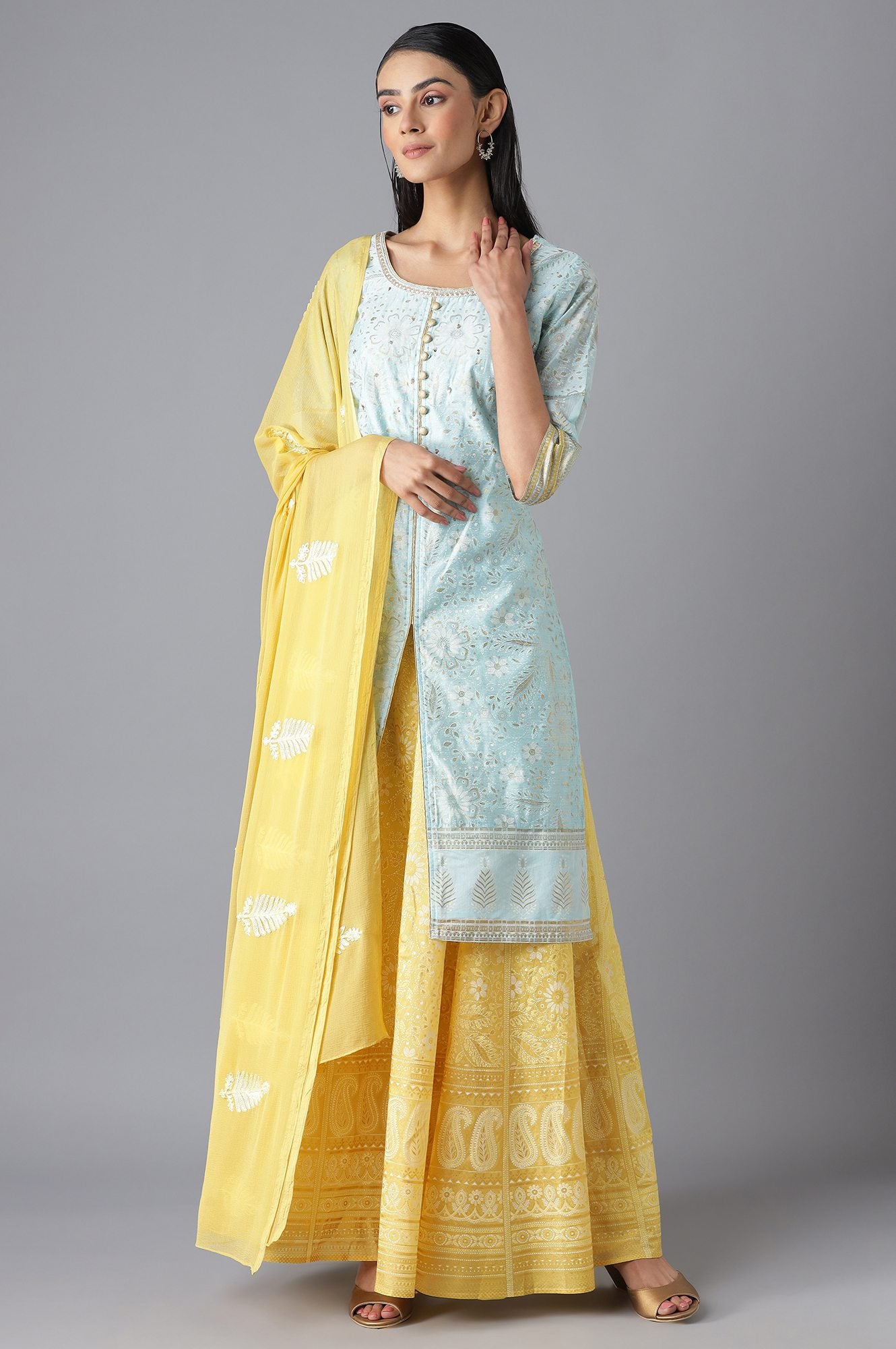 Blue Chanderi kurta Yellow Skirt and Dupatta Set