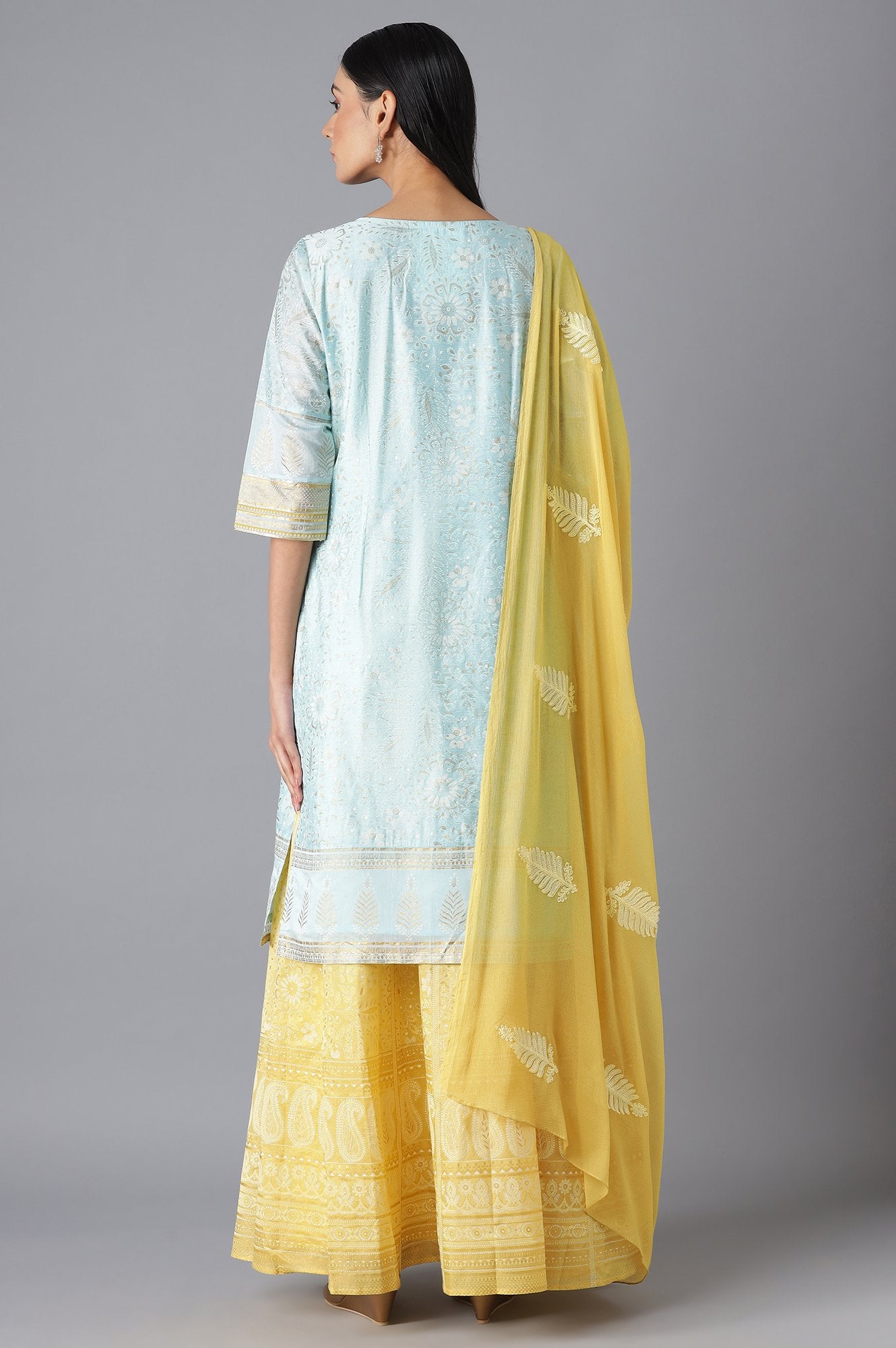 Blue Chanderi kurta Yellow Skirt and Dupatta Set