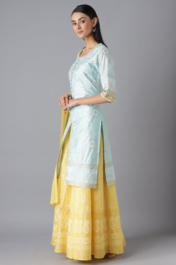 Blue Chanderi kurta Yellow Skirt and Dupatta Set