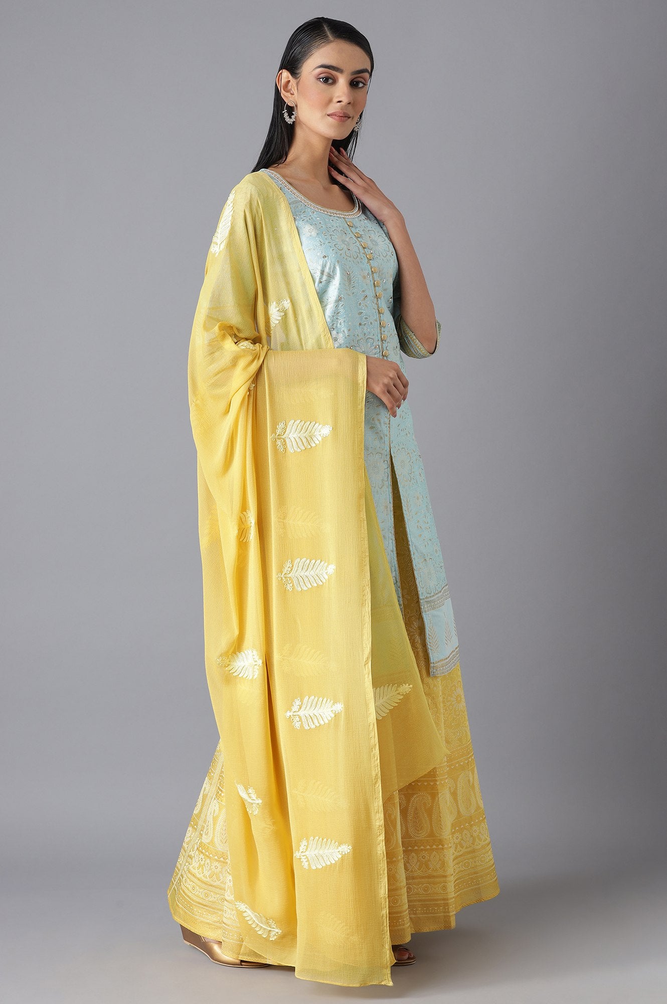 Blue Chanderi kurta Yellow Skirt and Dupatta Set