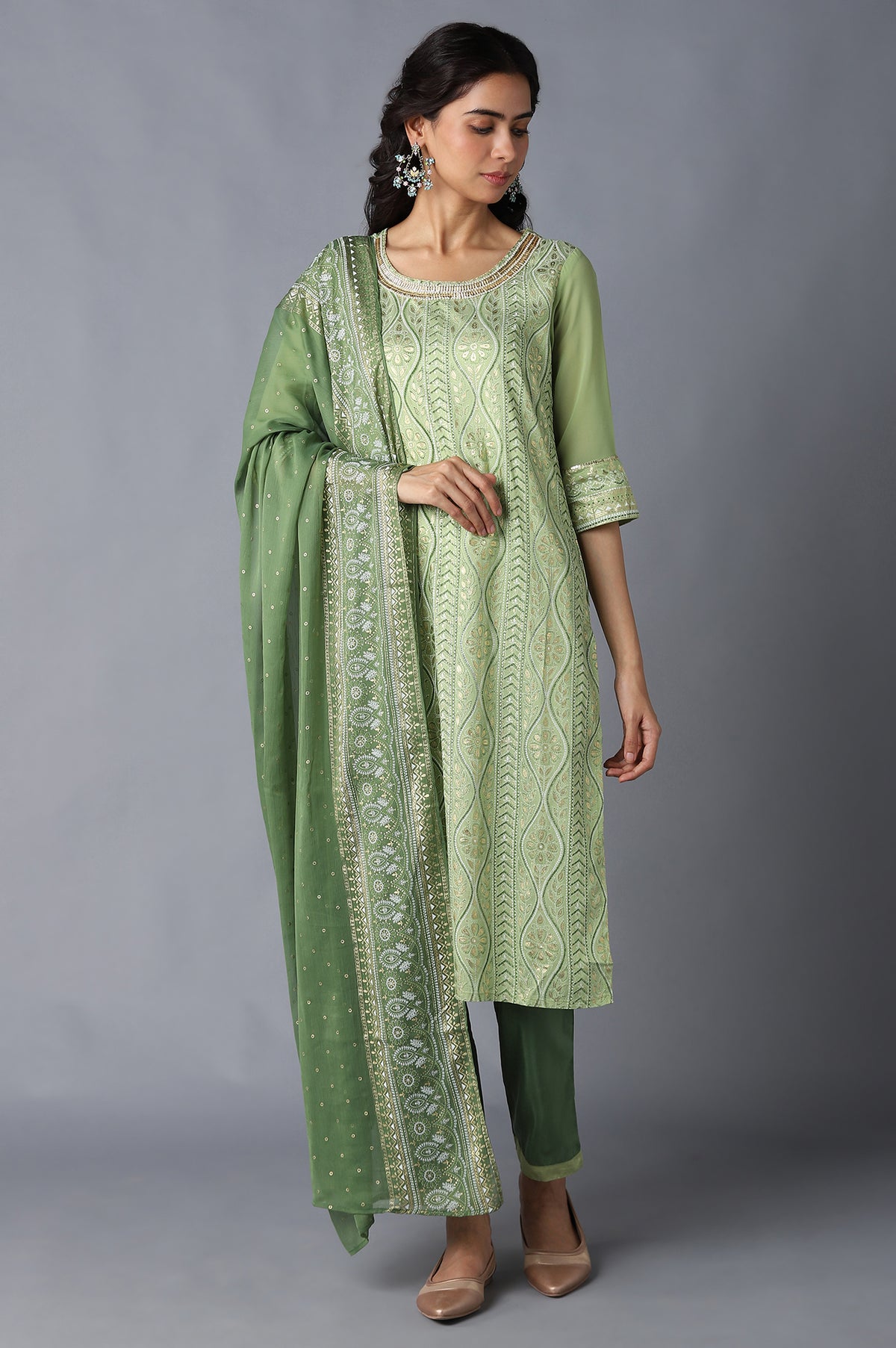 Green Printed kurta, Trousers and Dupatta Set - S