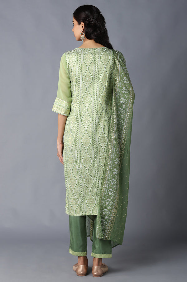 Green Printed kurta, Trousers and Dupatta Set