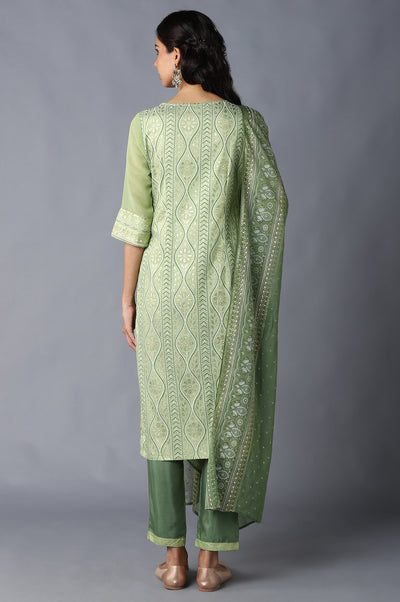 Green Printed kurta, Trousers and Dupatta Set