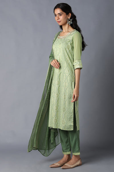 Green Printed kurta, Trousers and Dupatta Set