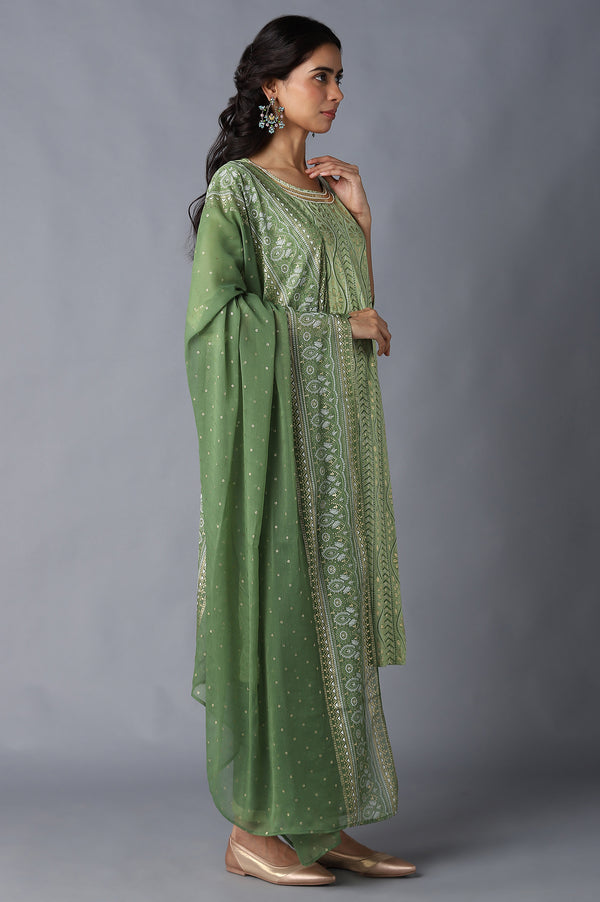 Green Printed kurta, Trousers and Dupatta Set