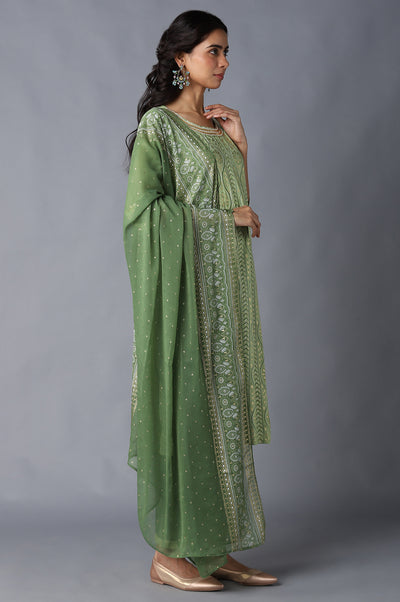 Green Printed kurta, Trousers and Dupatta Set