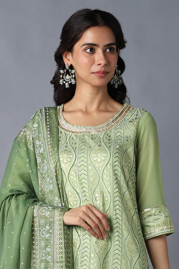 Green Printed kurta, Trousers and Dupatta Set