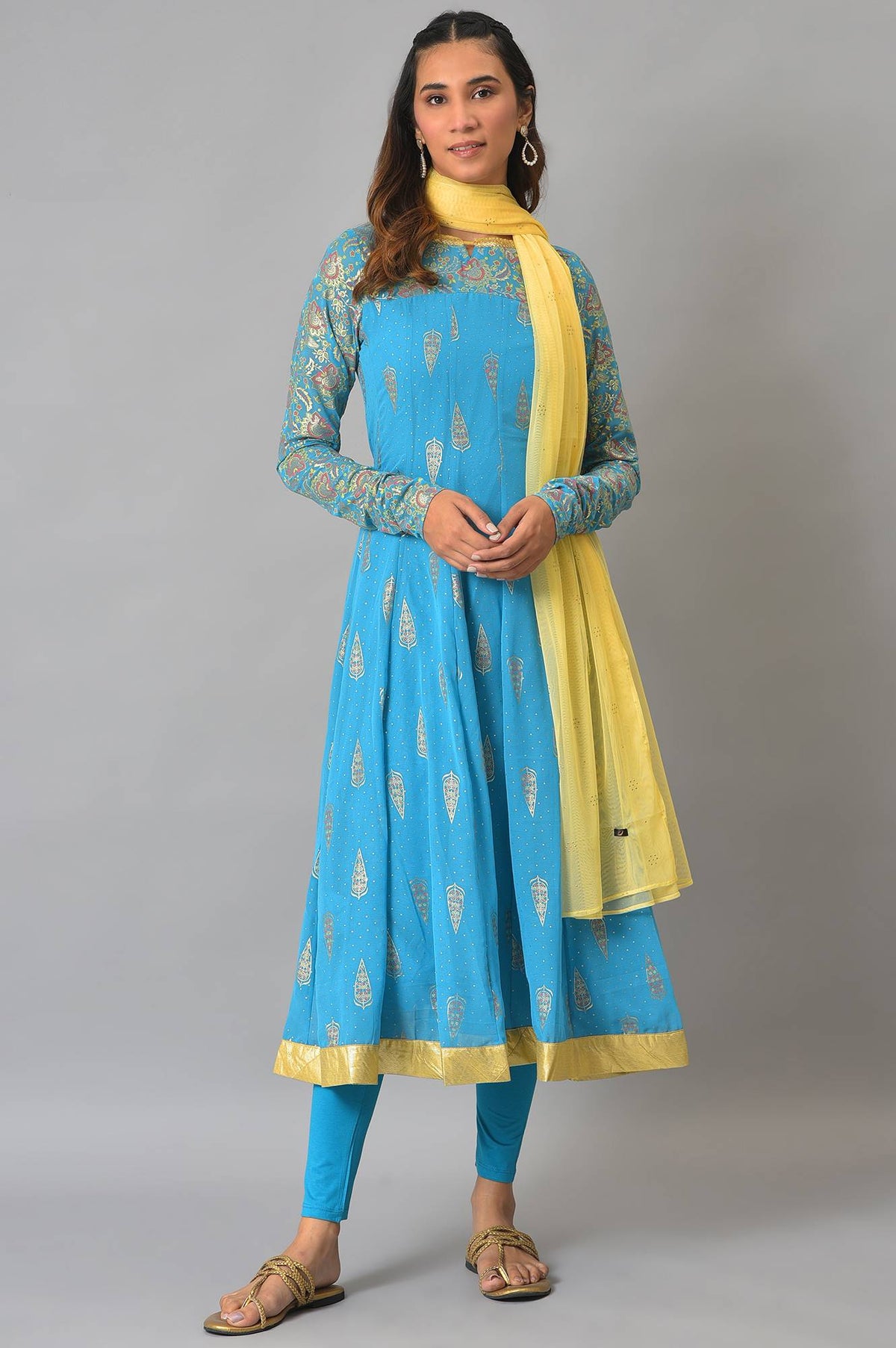 Blue Embellished Dress With Tights And Dupatta - S