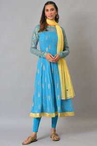 Blue Embellished Dress With Tights And Dupatta