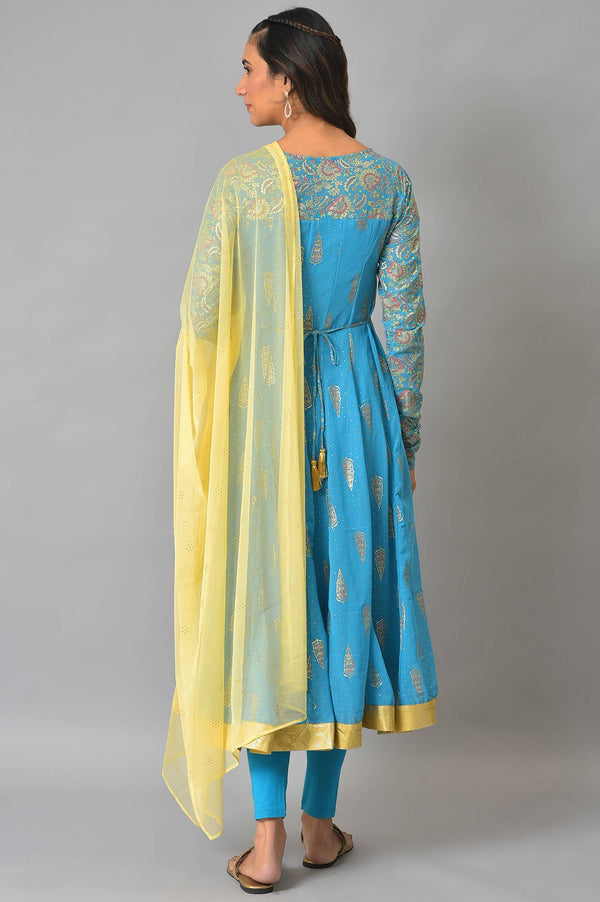 Blue Embellished Dress With Tights And Dupatta