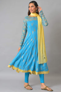 Blue Embellished Dress With Tights And Dupatta