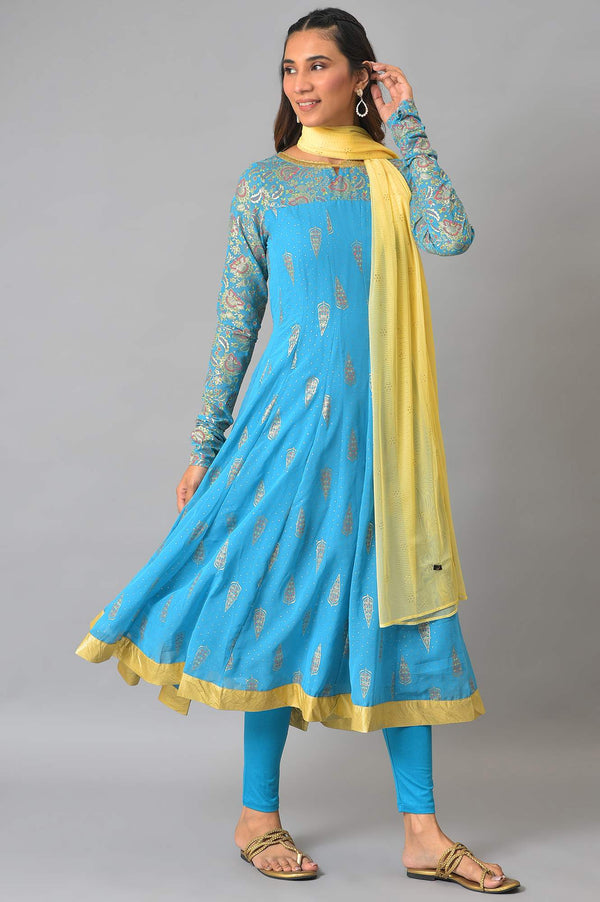 Blue Embellished Dress With Tights And Dupatta