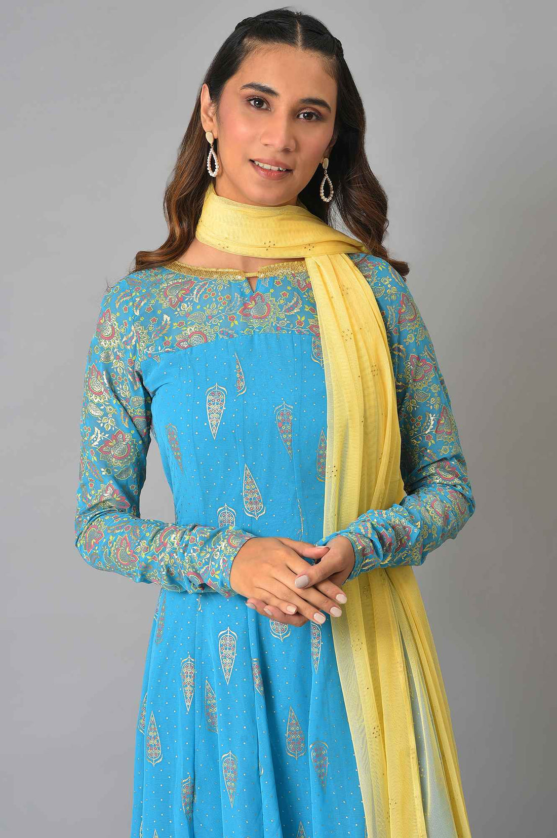 Blue Embellished Dress With Tights And Dupatta