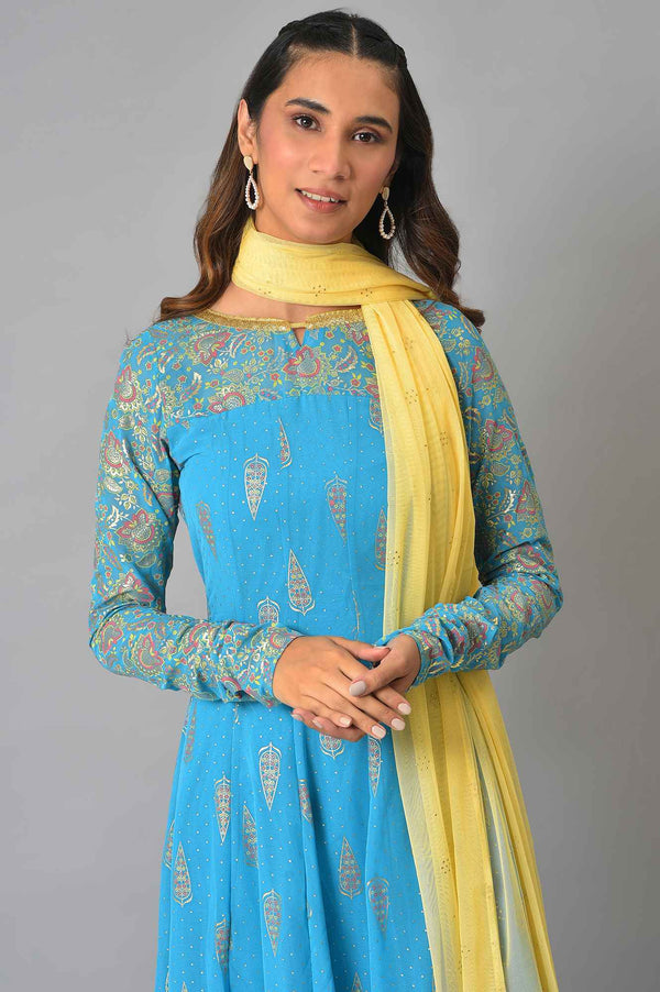 Blue Embellished Dress With Tights And Dupatta