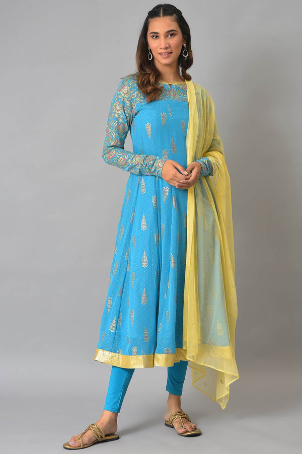 Blue Embellished Dress With Tights And Dupatta