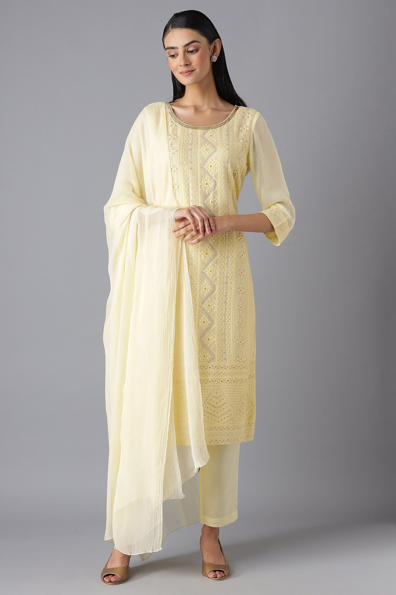 Pastel Yellow kurta Palazzo and Dupatta Set