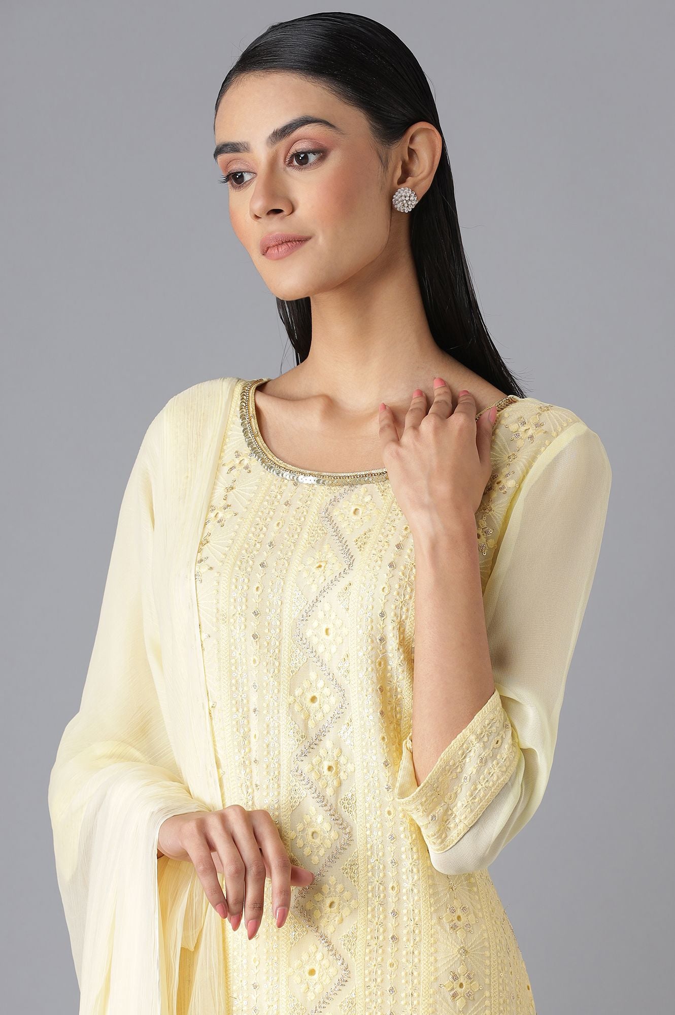 Pastel Yellow kurta Palazzo and Dupatta Set