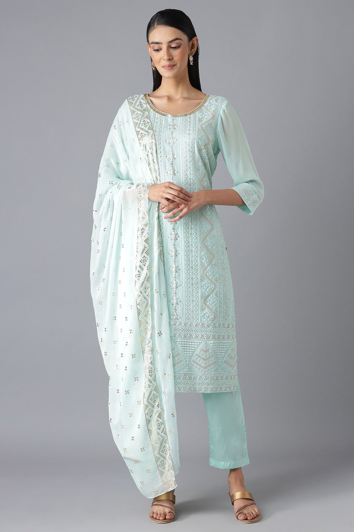 Pastel Blue kurta Palazzo and Dupatta Set - S