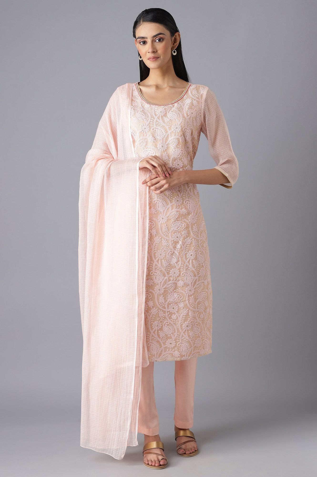 Baby Pink Kota kurta Trousers and Dupatta Set