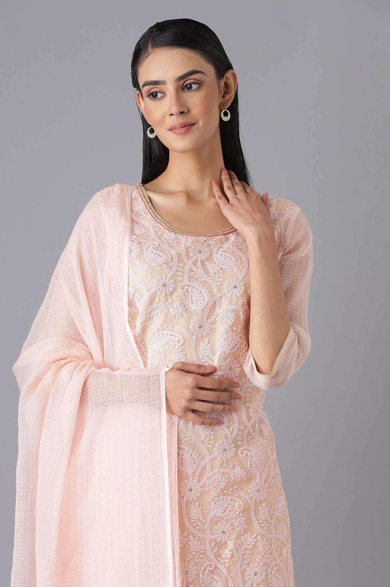 Baby Pink Kota kurta Trousers and Dupatta Set