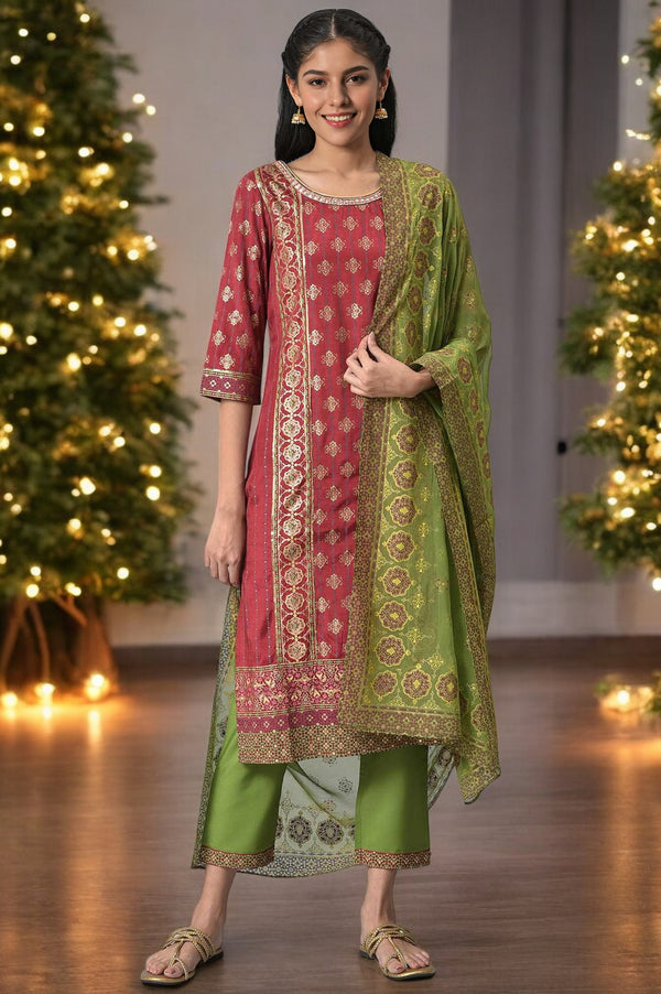Red Foil Printed kurta with Green Trousers and Dupatta