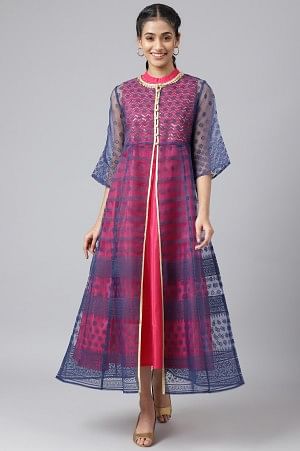 Dark Blue A-line Floral Printed Gillet with Embroidered Inner kurta