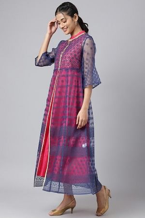 Dark Blue A-line Floral Printed Gillet with Embroidered Inner kurta