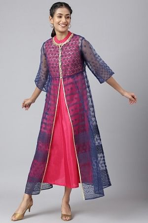 Dark Blue A-line Floral Printed Gillet with Embroidered Inner kurta