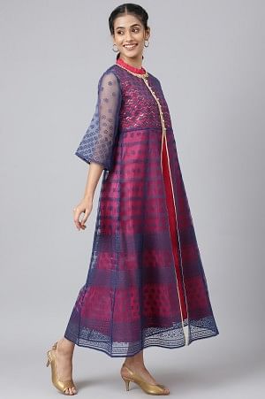 Dark Blue A-line Floral Printed Gillet with Embroidered Inner kurta