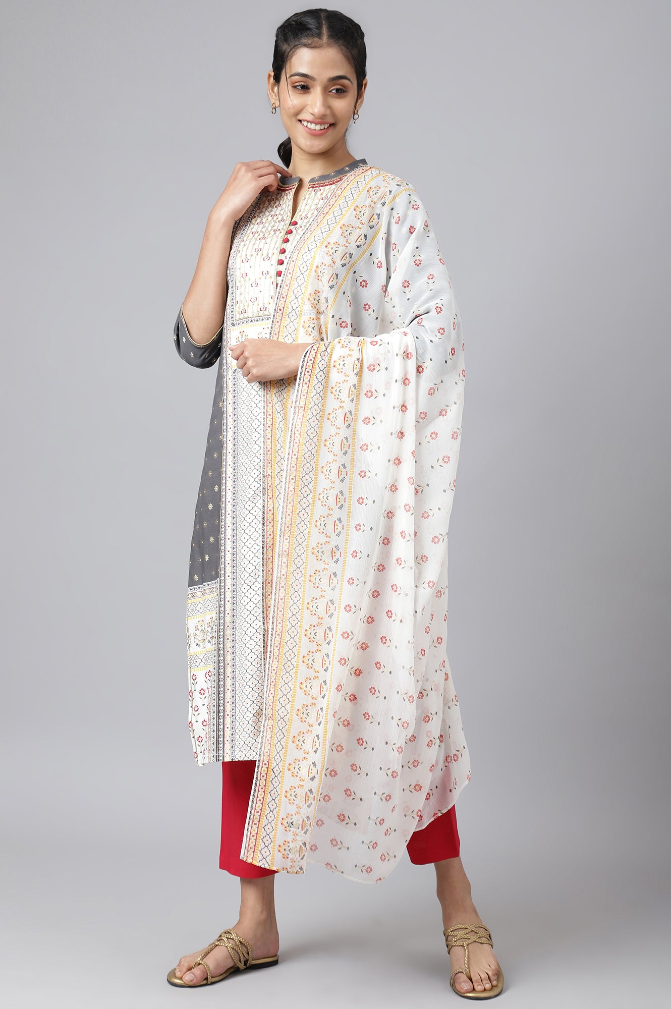 Steel Grey Printed kurta with Trousers and Dupatta