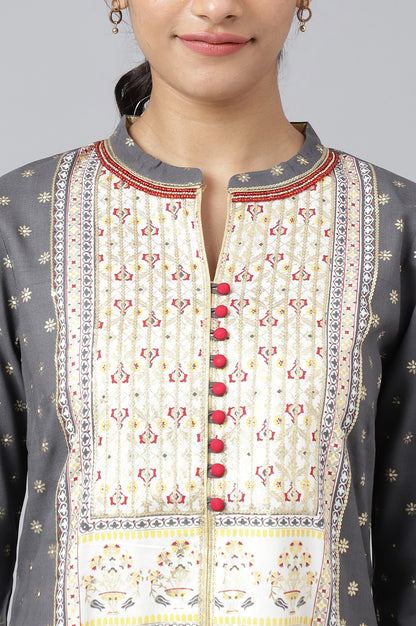 Steel Grey Printed kurta with Trousers and Dupatta