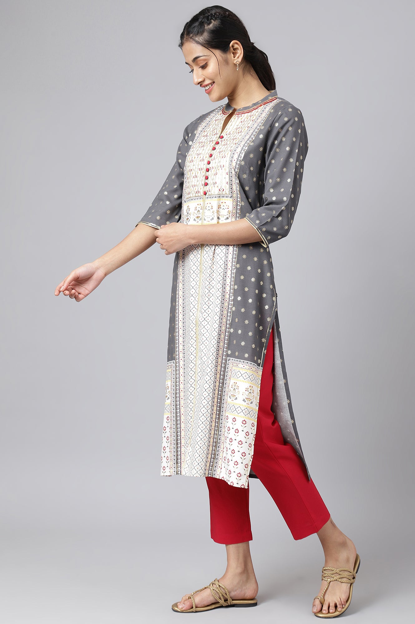 Steel Grey Printed kurta with Trousers and Dupatta