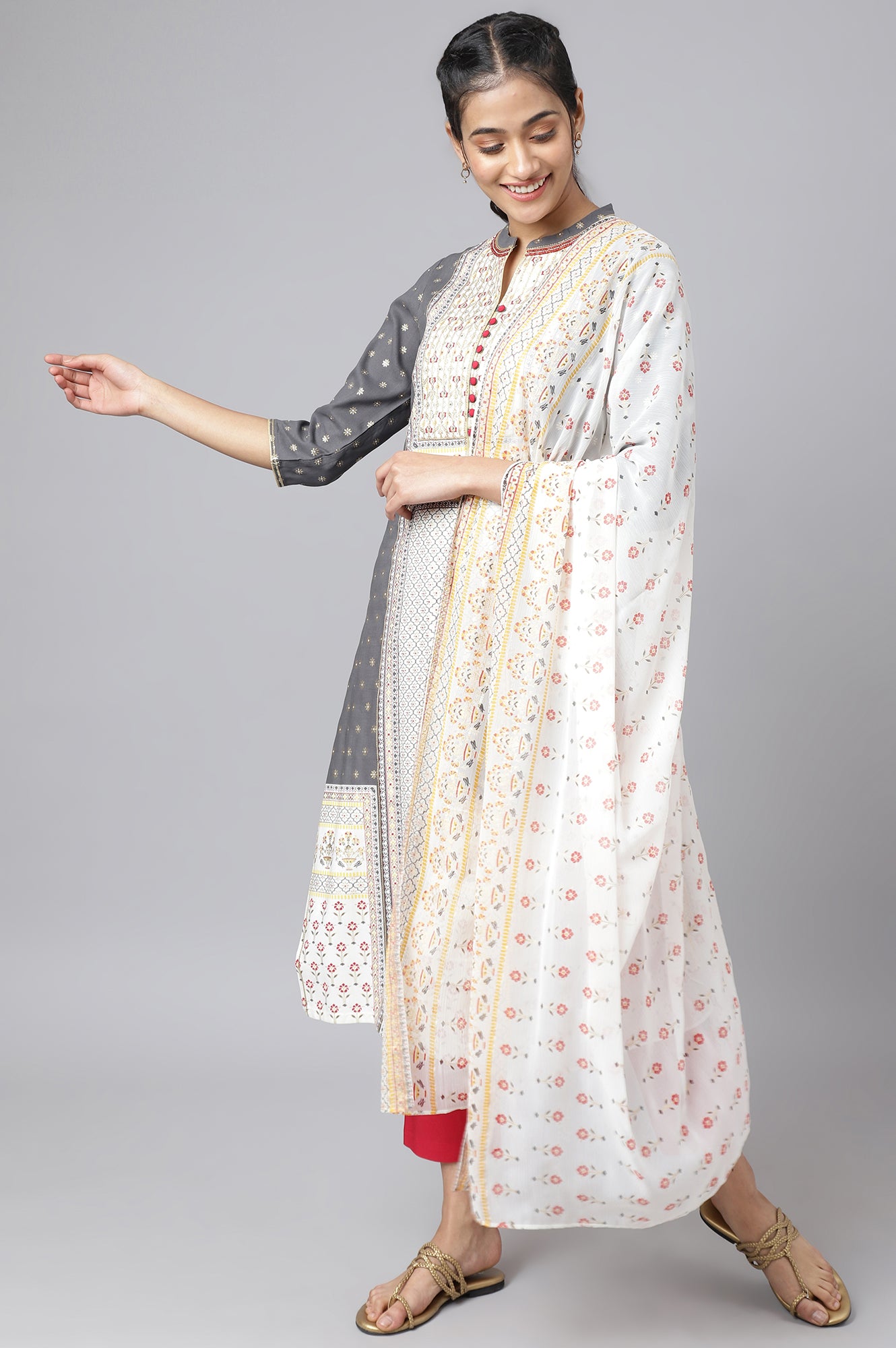 Steel Grey Printed kurta with Trousers and Dupatta