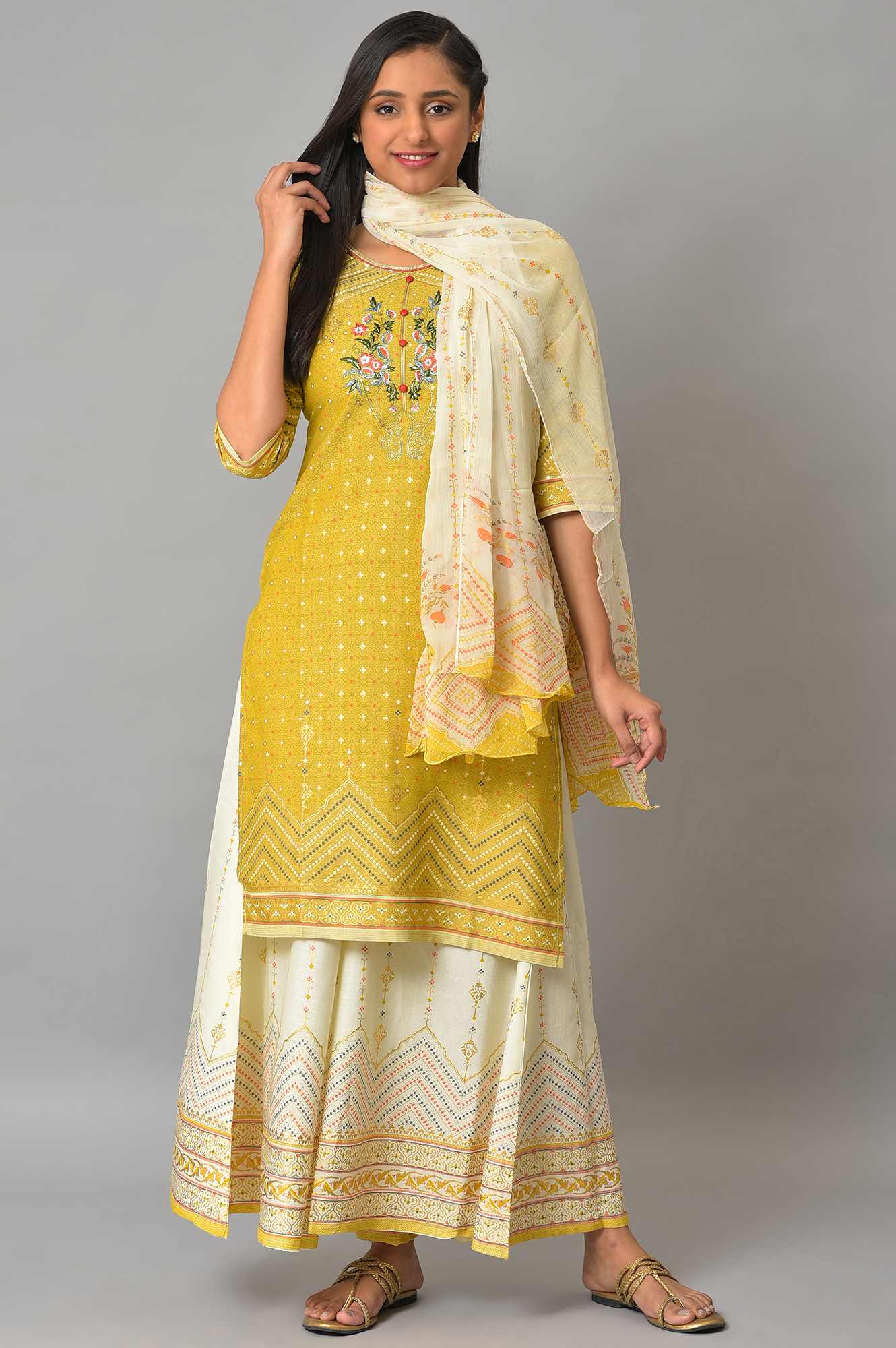 Aurelia Cream Gold kurta-Semi Flare Palazzo-Dupatta-